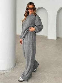 SHEIN Essnce 2 pièces/Set Femme Décontracté unicolore Épaule Tombante Manches Longues sweat-shirt à capuche & Pantalon Jambes Larges Set, Automne - Gris - Voir 4
