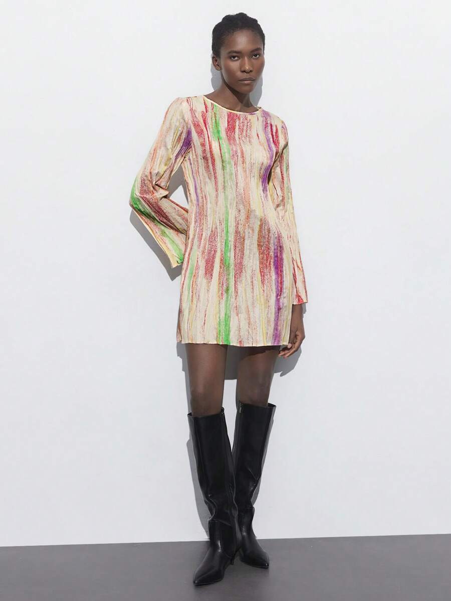 Maija Women's Beige Autumn Chic Tie Dye Mini Dress,Round Neck Flared Long Sleeve Pleated Back Buttoned Elegant Fashionable Casual Brunch Festival Resort - Yellow - View 1