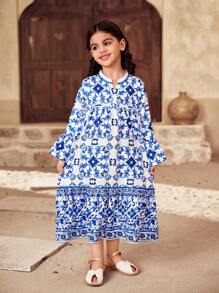SHEIN Robe d'été décontractée assortie mère-fille, imprimé de porcelaine bleu et blanc, adaptée pour le port pendant le Ramadan, le printemps et l'été, parfaite pour les vacances - Bleu et Blanc - Voir 4