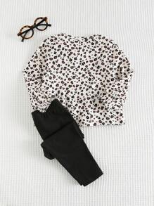 Cozy Pixies 女婴豹纹 3D 蝴蝶结针织柔软圆领长袖上衣，弹性腰部纯色打底裤休闲 2 件套服装