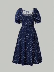 Sunnyshic 大码女式花卉印花方领灯笼袖连衣裙，简约风格 - 藏蓝色 - 查看 2