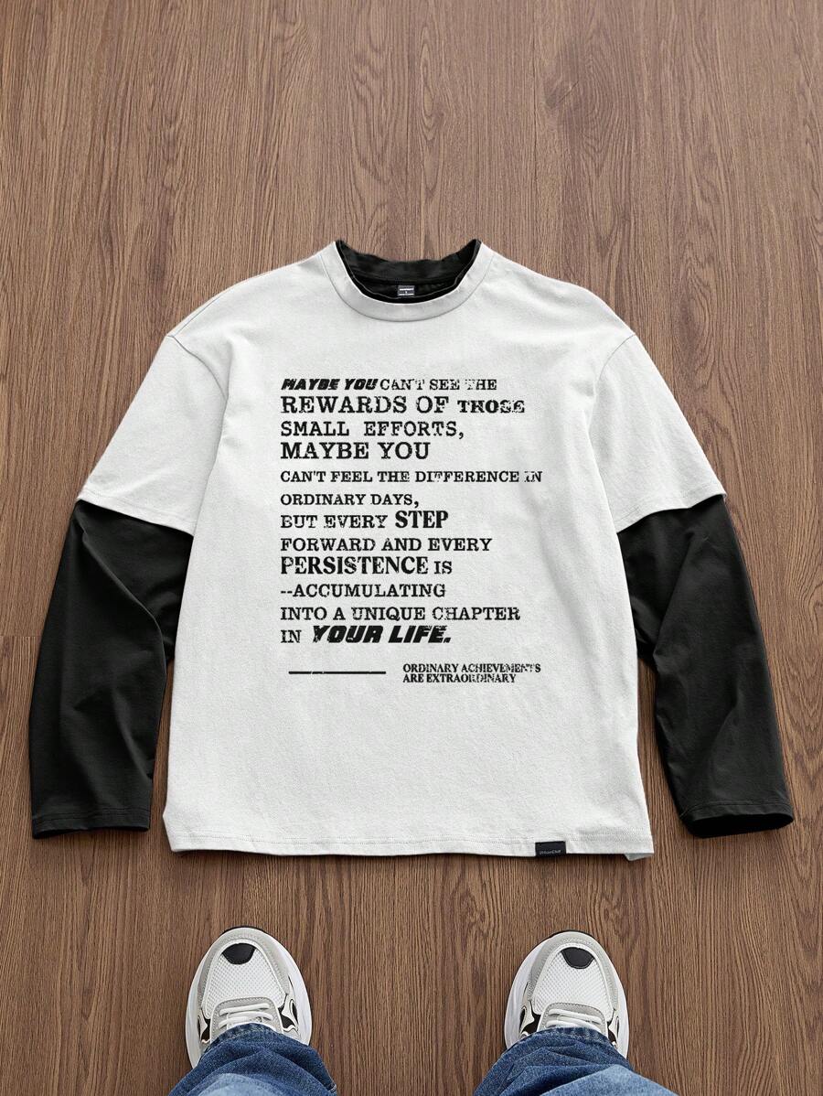 Manfinity Unisex 男士英文文字印花拼接宽松休闲日常针织长袖 T 恤 - 黑與白 - 查看 1