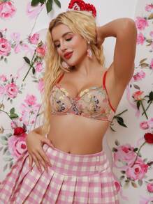 1pc Floral Embroidery Mesh Bralette, Comfortable Wireless, Romantic Country Style Lingerie - Red - View 4
