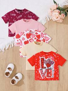 5pcs/Set Baby Girls Casual Heart & Love Letter Graphic Round Neck Short Sleeve T-Shirts, For Daily, Valentine's Day - Multicolor - View 1