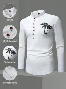 Manfinity RSRT Men's Vacation Casual Coconut Tree Printed Half-Button Down Shirt - White - View 3