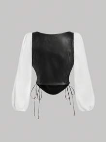 SHEIN MOD Plus Size Retro Long Lantern Sleeve PU Patchwork Shirt - Black and White - View 2