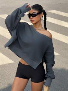 SHEIN EZwear Sudadera de mujer de unicolor con cuello asimétrico