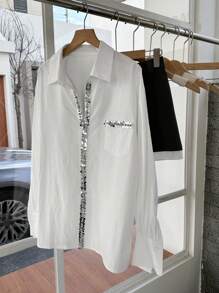 DAZY 女式宽松闪亮亮片拼接长袖口袋休闲学院风衬衫 - 白色 - 查看 2