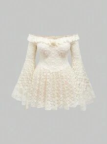 ROMWE Kawaii Plus Size Sweet Palace Style Lace Off Shoulder Flare Sleeve Dress