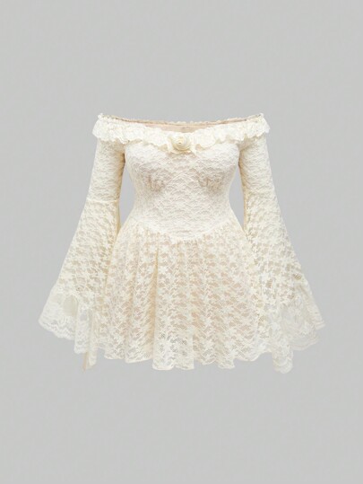 Kawaii Plus Size Sweet Palace Style Lace Off Shoulder Flare Sleeve Dress