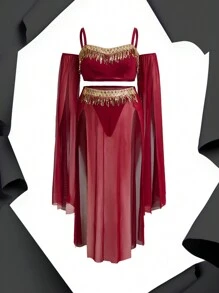 Fantasy Costume Fantasy Costume 4pcs Plus Size Mesh Tassel Lingerie Set - Burgundy - View 7