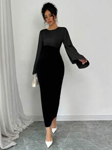 Elenzga Loose Round Neck Flared Long Sleeve Two-Tone Patchwork Elegant Black Dress - Black - View 4