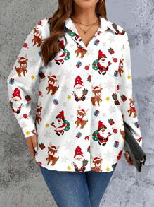 EMERY ROSE 大码女式圣诞印花休闲长袖翻领前纽扣衬衫，上衣适合秋冬季 - 彩色 - 查看 1