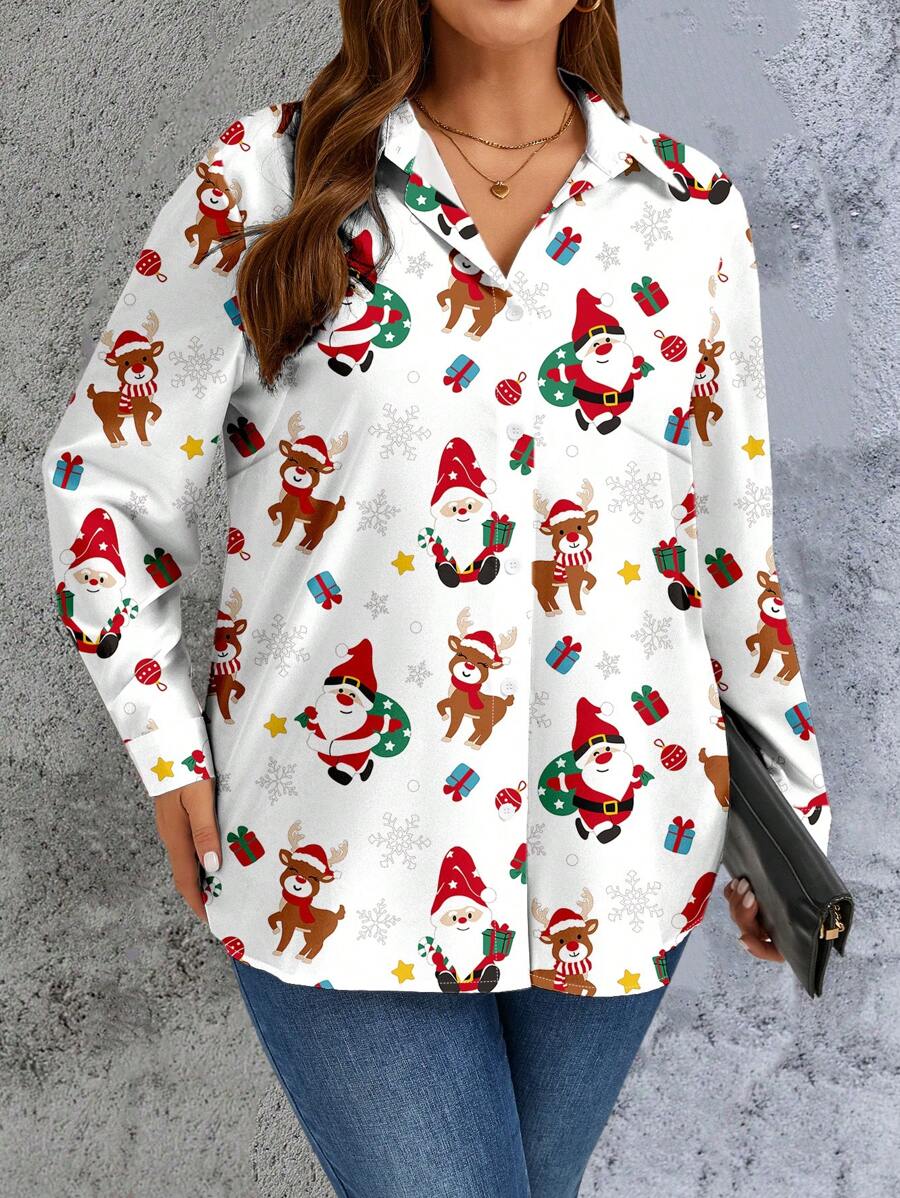 EMERY ROSE 大码女式圣诞印花休闲长袖翻领前纽扣衬衫，上衣适合秋冬季 - 彩色 - 查看 1