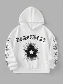 SHEIN Bộ quần áo nỉ trùm đầu và quần dài hai mảnh phong cách Goth Grunge màu đen cho bé gái tuổi teen mùa thu/đông có họa tiết in cho lễ Halloween - Đen và trắng - Xem 9