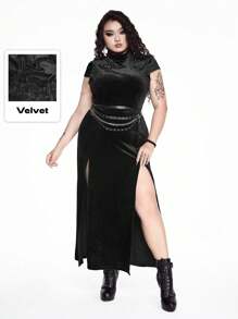 ROMWE Plus Size Vintage Sexy Velvet Spider Hollow Out Gothic High Split Dress - Black - View 1