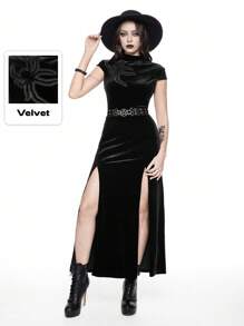 ROMWE Gothic Dark Vampire Spider Cutout High Slit Bodycon Dress - Black - View 1
