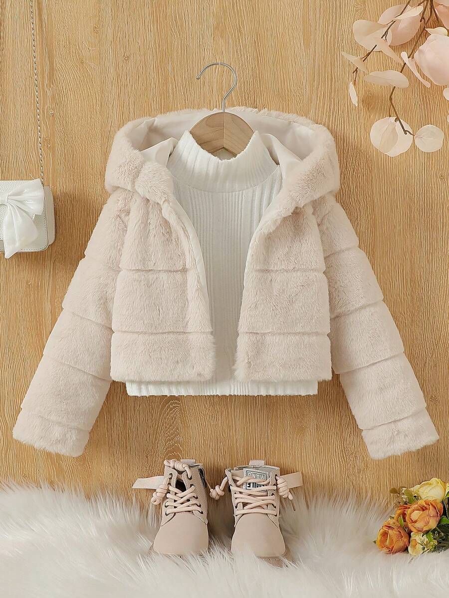 SHEIN Young Girl' Elegant Black Faux Fur Hooded Jacket For Autumn/Winter