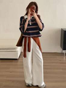 DAZY 休闲运动春夏拼接撞色条纹宽松长袖T恤女秋装 - 藍色 - 查看 5