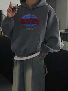 DAZY Men's Embroidered Pattern Hoodie In Grayish Blue,Fall Clothes - Grey - View 1