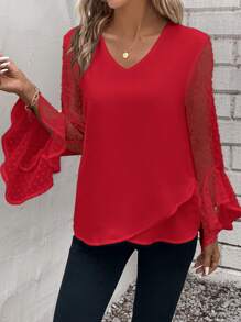 SHEIN Clasi Camisa de manga larga de cuello en V de unicolor, moda minimalista y casual para uso diario - Burdeos - Ver 5