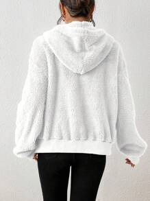 SHEIN Essnce Women Solid Color Fluffy Hoodie Sweatshirt, Ladies Fleece Thick Sweatshirt, Brown, Womenswear, Autumn Sweatshirt, Autumn Womenswear, Ladies Clothing, Sweatshirt, Winter Womenswear - White - View 2