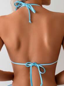 SHEIN Swim 条纹印花比基尼，花卉装饰和系带，比基尼套装夏季 - 淺藍色 - 查看 3