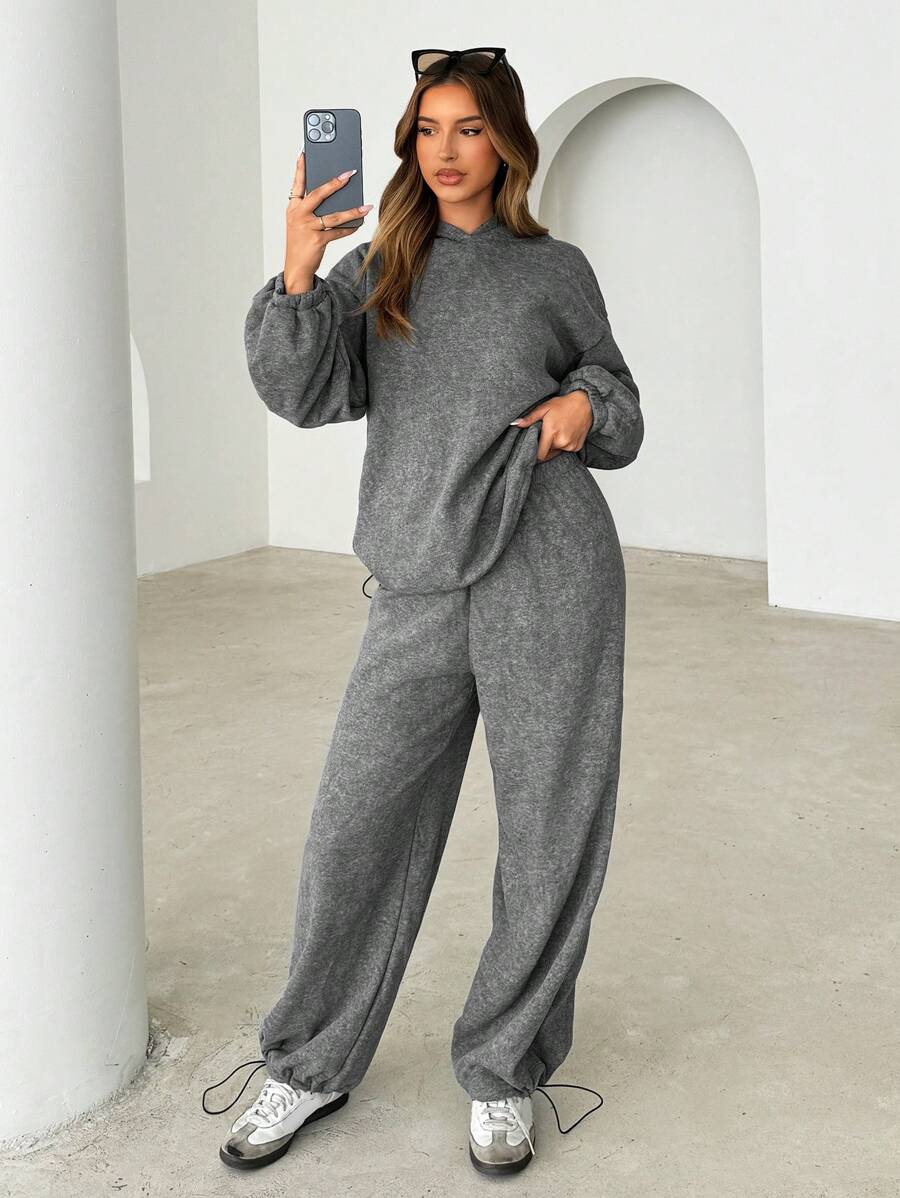 SHEIN Essnce 2 pièces/Set Femme Décontracté unicolore Épaule Tombante Manches Longues sweat-shirt à capuche & Pantalon Jambes Larges Set, Automne - Gris - Voir 1
