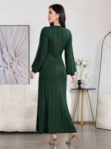 Modelyn Women Casual Solid Color V-Neck Twist Knitted Sweater Dress, Autumn/Winter - Dark Green - View 2