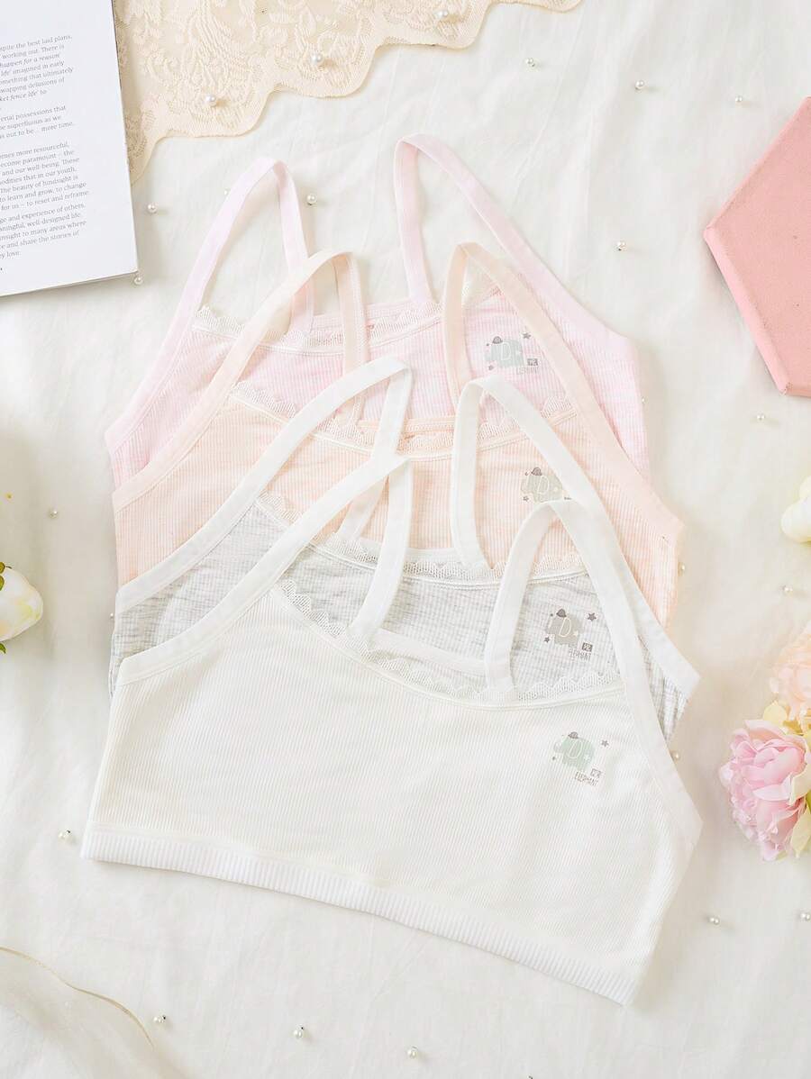 4pcs Tween Girls Cute Print Lace Trim Removable Padded Cami Bra Set - Multicolor - View 1