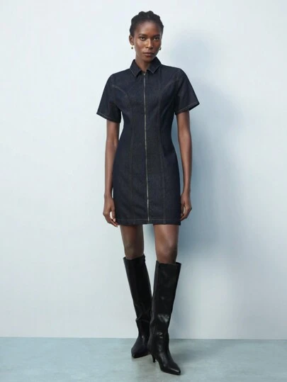 Maija 海军蓝前拉链短袖简约修身腰休闲短款牛仔连衣裙，春夏日常百搭宽肩修身短款经典款