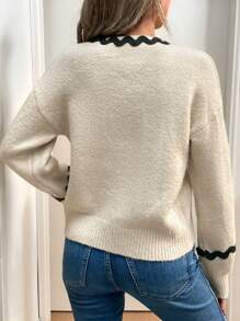 SHEIN Frenchy 女士波浪丝带前系带长袖开衫，休闲风格，秋冬 - 杏色 - 查看 2