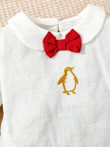 欧式男婴和女婴限量版圣诞装，白领休闲衬衫搭配经典黑红格子吊带短裤，企鹅刺绣设计搭配红色领结，可爱喜庆，适合节日庆祝 - 彩色 - 查看 6