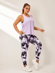 SHEIN Sport Studio Plus Size Women Solid Color Round Neck Tank Top And Batik Print Leggings Sports Suit