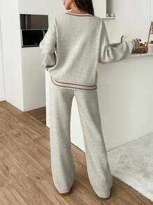 EURMUSE "Women's Beige Two-Piece Loungewear Set With V-Neck Button-Down Top And High-Waisted Pants, Brown Trim Details - Beige - View 2