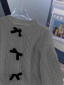 Chiquease Oversized Bow Knot Front Vintage Chunky Knit Cardigan, Casual And Sweet, Age-Reducing - Grey - View 3