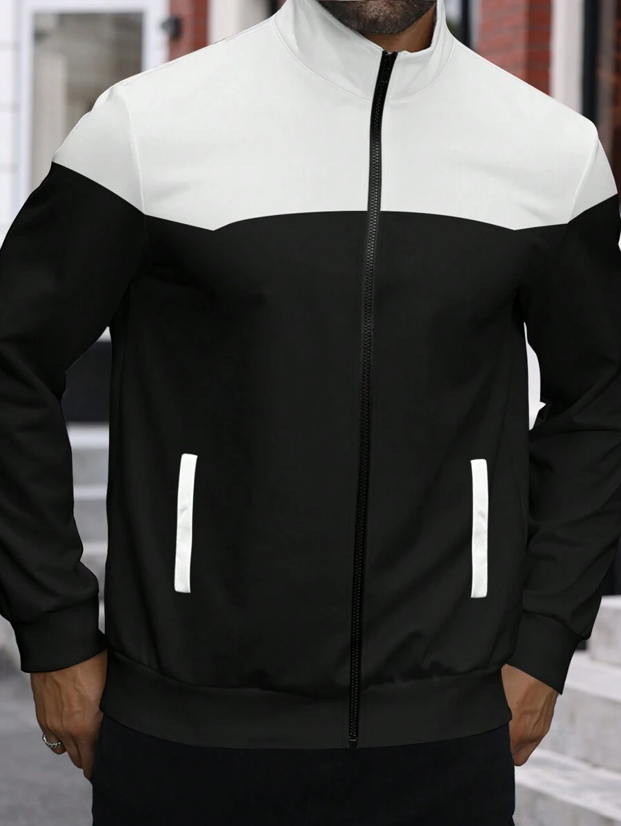 Manfinity Homme Men's Plus Size Zip-Up Casual Sweatshirt, Simple And Fashion For Everyday Wear - Black and White - View 1