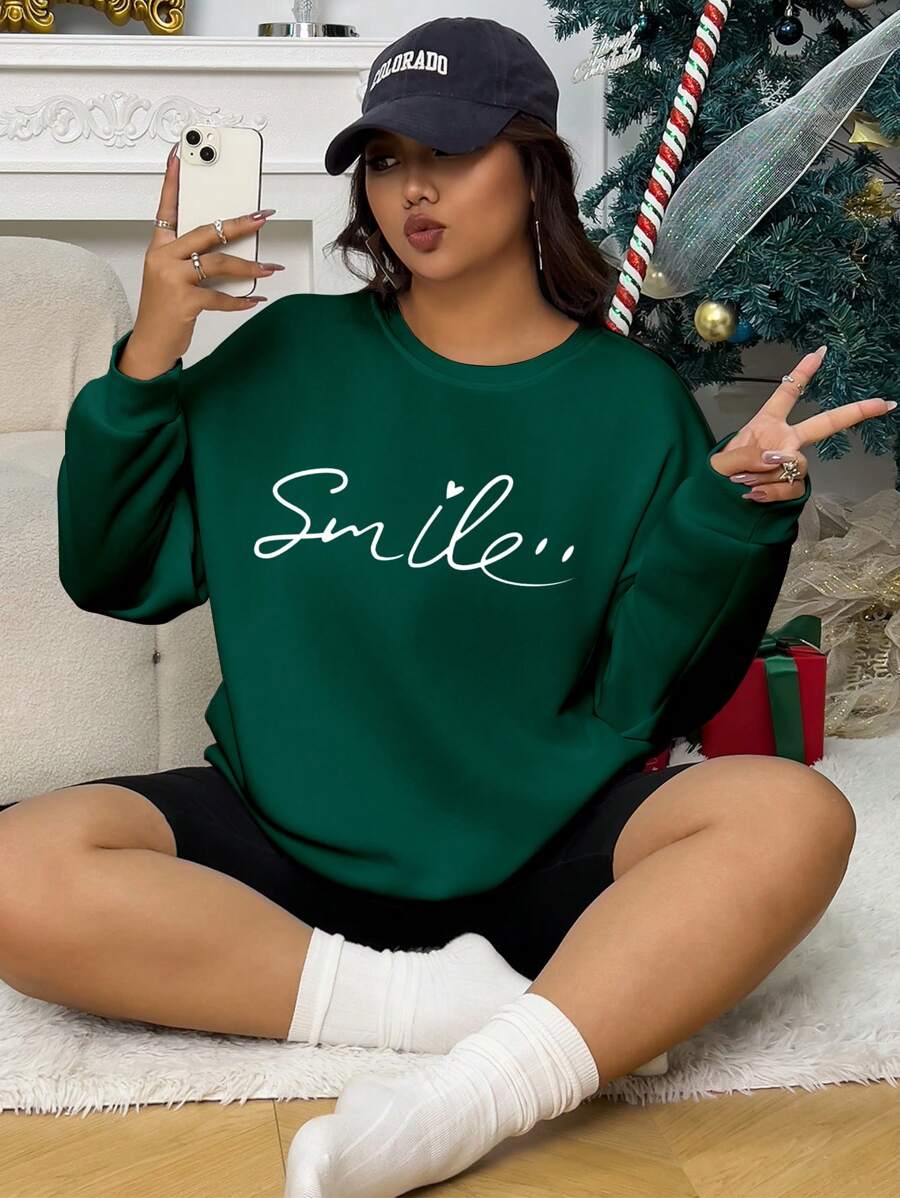 INAWLY Plus Letter Graphic Drop Shoulder Sweatshirt, Winter Pullover Fall Autumn - Dark Green - View 1