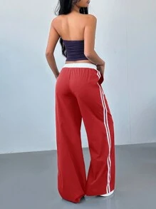 Aloruh Quần ống đứng in họa tiết sọc màu tương phản phong cách thể thao cho nữ cạp thấp có dây rút - Đỏ - Xem 2