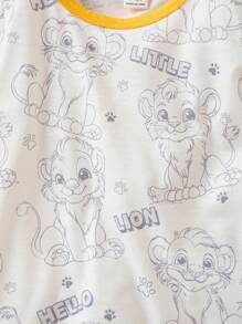 SHEIN 2 件装男婴休闲日常可爱狮子图案印花工装裤短袖上衣套装。柔软针织面料适合春夏季，适合户外玩耍和室内休闲 - 黃色 - 查看 6