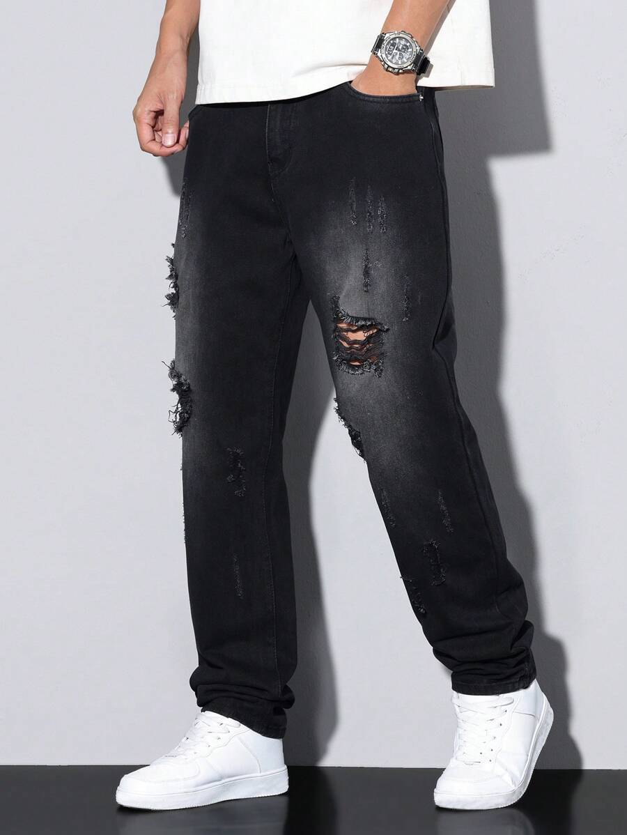 Manfinity Homme Men's Simple Distressed Pocket Jeans, Casual Everyday Wear, Emo Style - Black - View 1
