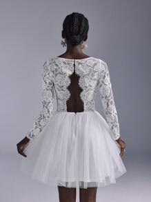 SHEIN Belle Elegant And Luxurious Ivory Lace Trim Mesh Dress, Voluminous, Suitable For Weddings, Parties, Events, Gift, Bridal Shower Dress - Beige - View 4