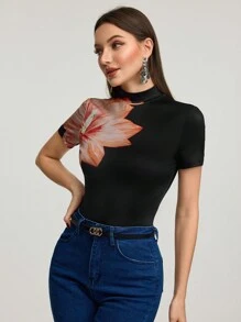 Modelyn Áo thun tay ngắn cổ đứng in hoa thanh lịch dành cho nữ - màu đen - Xem 4