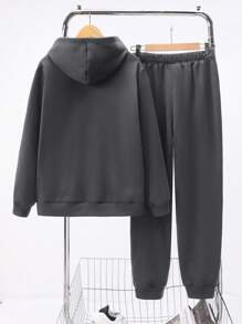 SHEIN Leap Crew 2pcs/Set Casual Versatile Comfortable Striped & Letter Print Knit Hoodie And Sweatpants Set, Suitable For Parties, Back To School, Fleece Thickened - Dark Grey - View 2