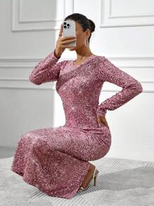 EURMUSE Elegant Style, Sequin Long Line Bodycon Dress - Pink - View 4