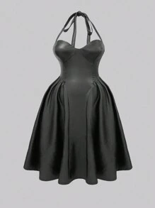 Maweii 大码女式纯色 PU 皮革口袋褶皱系带长裙，时尚 - 黑色 - 查看 1