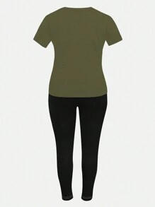 INAWLY Plus Size Women 2pcs Set Halloween Pumpkin Ice Cream & Letter Printing Casual Top & Pants Outfit, Spring/Summer - Green - View 2