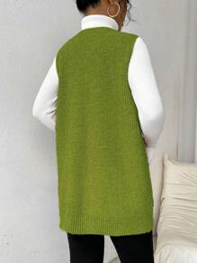 Chiquease Women's Solid Color Deep V-Neck Double Pocket Casual Knit Sweater Vest, Autumn/Winter - Green - View 2