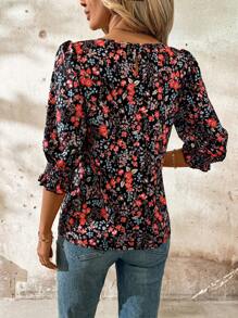 SHEIN Clasi Áo kiểu nữ tay lửng cổ tròn dáng rộng in họa tiết hoa đồng quê, phong cách đồng quê, thích hợp mặc mùa hè và mùa xuân. - Nhiều màu - Xem 2