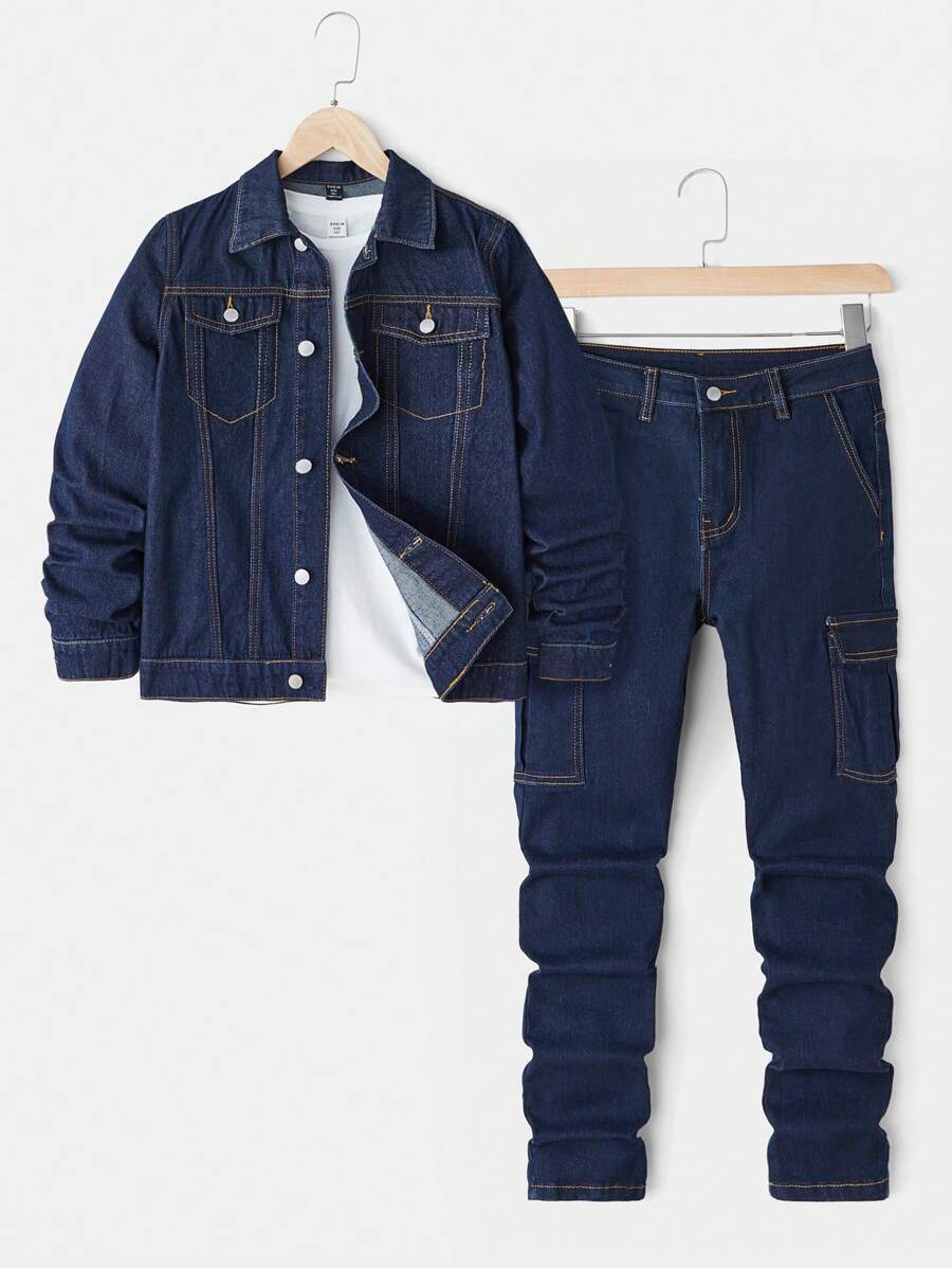 SHEIN Tween Boy 2pcs Casual Fashion Color Contrast Stitch Design Black Denim Baggy Long-Sleeved Jacket And Comfortable Stretch Skinny Jeans For Dailywear And Kids Clothes Boys - Dark Wash - View 1